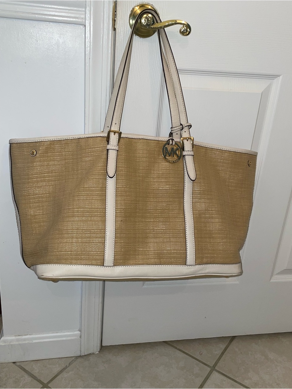 MICHAEL Michael Kors Beige Straw Tote with White Leather Trim and Gold MK Charm